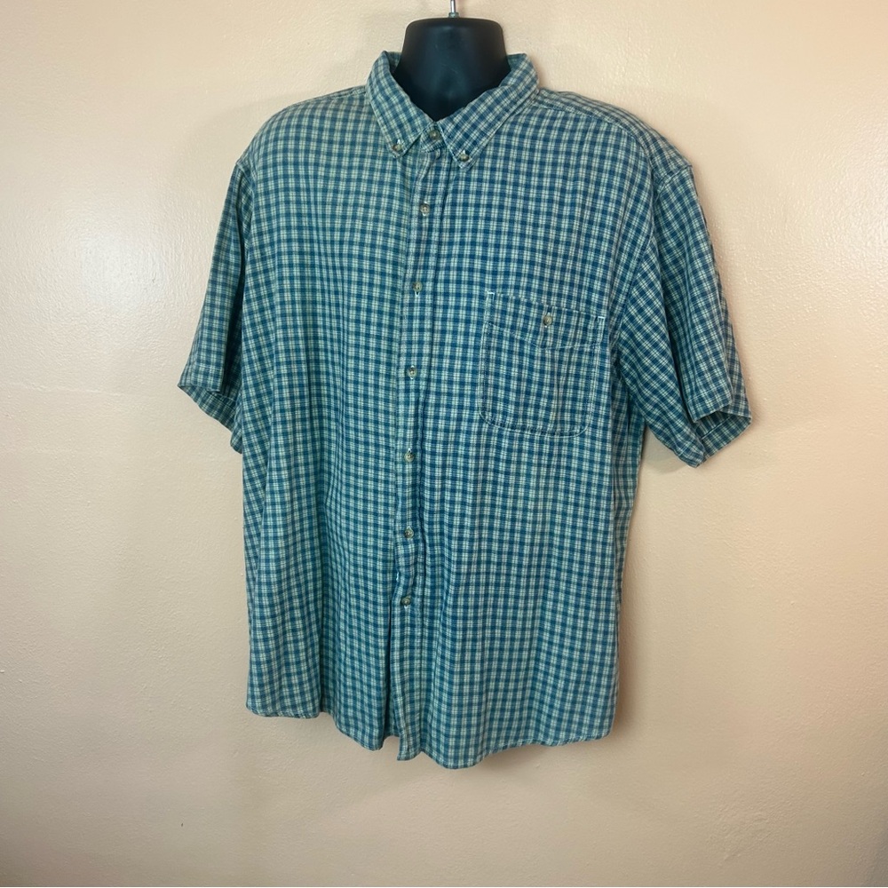 Basic Editions Blue Tan Plaid Short Sleeve Button Down Men 2XL